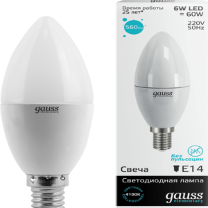 Лампа св/д Gauss Elementary Свеча E14 6W(420lm) 2700K 100x37 матовая, пластик/алюм. 33116